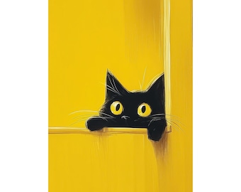 遊び心のある黒猫の油絵プリント - 大胆な黄色のウォールアート、キッチン、玄関、子供部屋、または猫好きへのギフトに最適な個性的な猫の装飾
