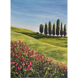 Pintura acrílica de las colinas verdes de la Toscana: decoración del hogar del paisaje de verano, arte del campo italiano, idea de regalo original, arte de la pared del paisaje del pueblo
