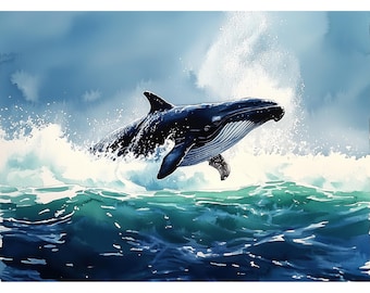 Breaching Whale Watercolor Print • Dramatic Ocean Wave Giclée Wall Art • Coastal Nautical Decor for Beach House, Nursery & Sea-Life Lovers