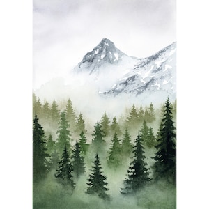 Montagna nebbiosa originale acquerello arte foresta vintage paesaggio dipinto nebbioso sempreverde albero di pino paesaggio opera d'arte in miniatura