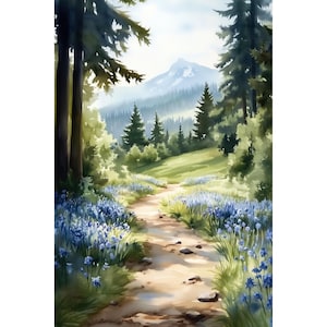 Stampa Giclée di un sentiero di montagna con campanule acquerellate • Arte murale con paesaggio di foresta alpina • Fiori di campo blu • Regalo per lei, regalo per la nonna