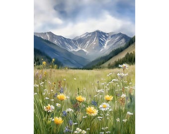 Alpine Meadow Watercolor Print - Mountain Valley Landscape Art