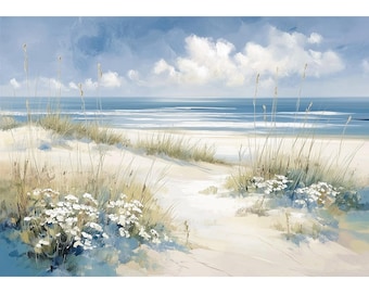May include: A serene beach scene painting. The artwork depicts a sandy path leading to the ocean under a cloudy blue sky. Tall grasses and white flowers frame the path, creating a tranquil coastal landscape.