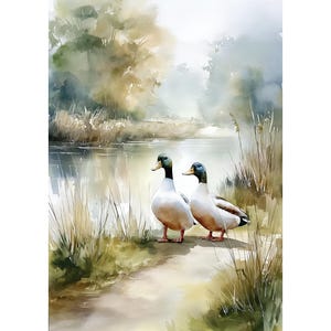 Stockente Aquarell Art Print - Rustikale Teichlandschaft Wanddekoration, Landhaus Küche Bauernhaus Kunstwerk, Natur Vogel Gemälde