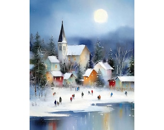 Winter Village Watercolor Giclée Print – Snowy Christmas Town Art, Frozen Lake, Holiday Wall Decor, Nordic Winter Landscape Artwork