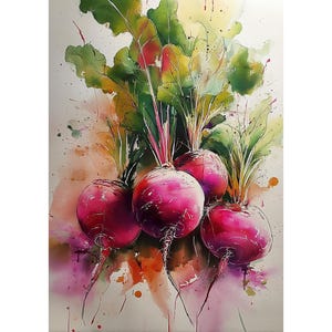 May include: A watercolour painting of a cluster of vibrant red beetroot with green leafy tops. The artwork features a splash of colours, with pink, orange, and green hues. The beetroot are depicted with detailed roots and leaves, creating a fresh and natural aesthetic.