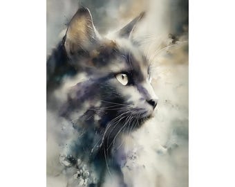 Black Cat Watercolor Print – Moody Feline Portrait Wall Art, Mystical Halloween Décor, Gift for Cat Lover, Gothic Home Accent
