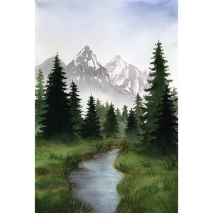 Paesaggio montano originale pittura acquerello arte sempreverde foresta astratta nebbiosa alberi di pino opera d'arte moderna e minimalista Home Decor