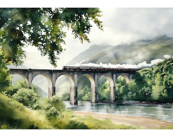 Stampa ad acquerello del viadotto Glenfinnan - Treno a vapore delle Highlands scozzesi Art