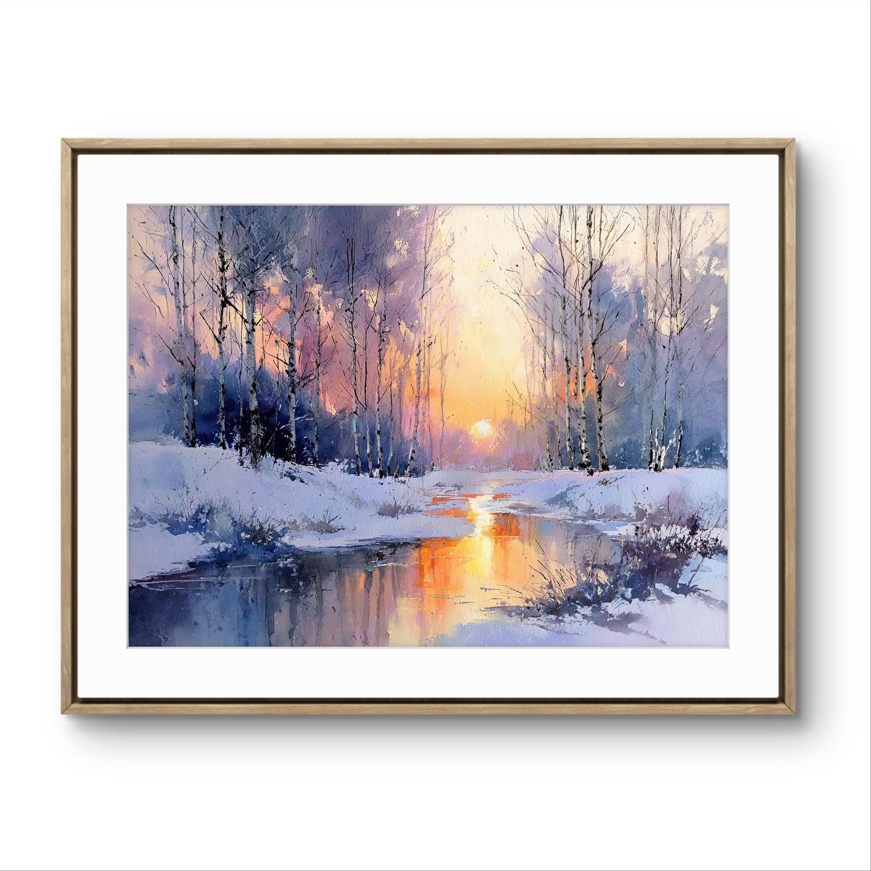 Winter Sunset Watercolor Giclée Print – Snowy Landscape Wall Art, River ...