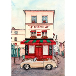 Parigi Cafe acquerello dipinto originale Montmartre ristorante opera d'arte strade francesi arte romantica Francia vecchia auto retrò architettura urbana