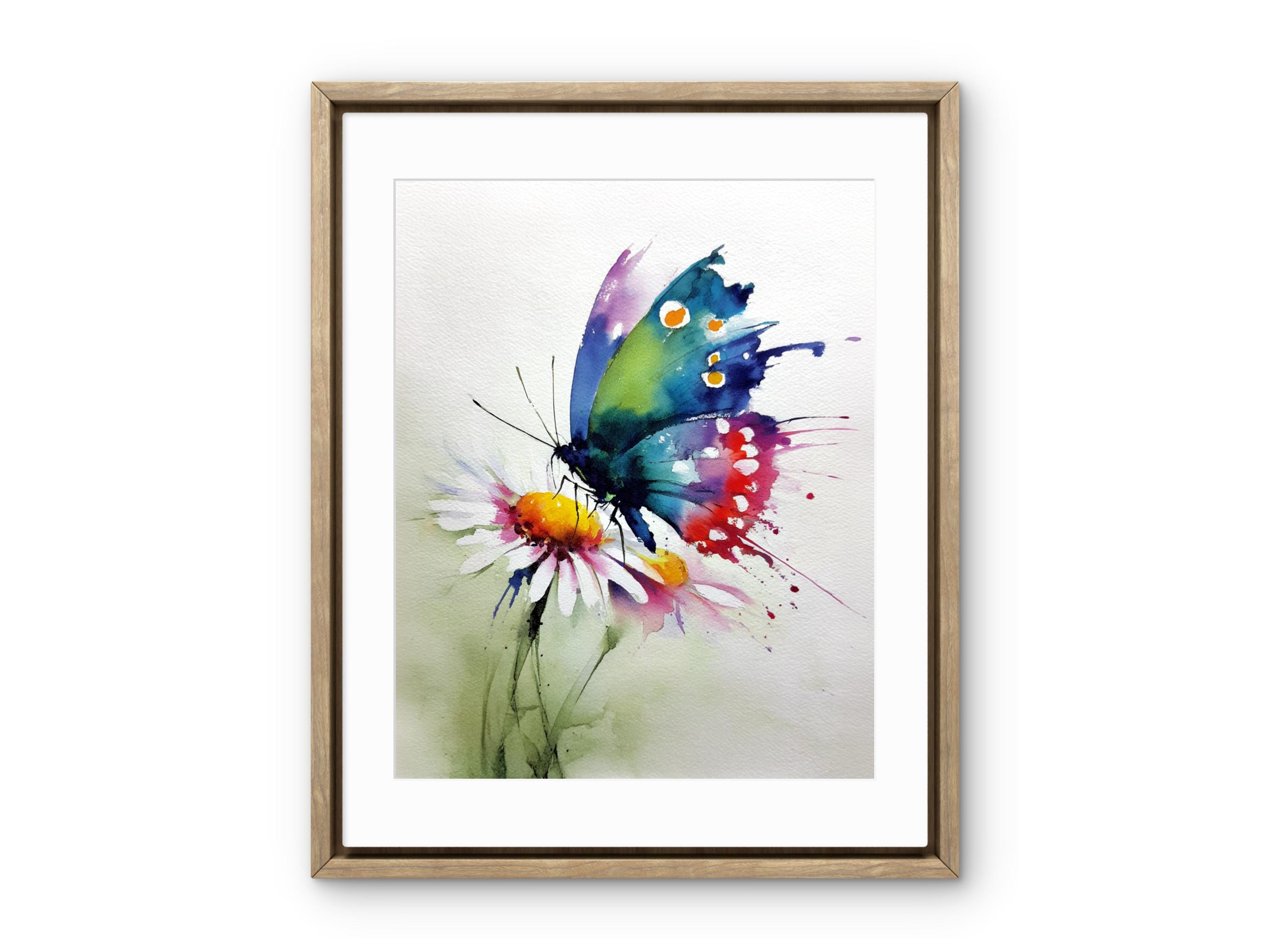 Colorful Butterfly Watercolor Art Print – Vibrant Daisy Flower Wall Art ...