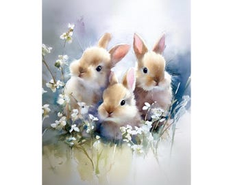 Impresión artística giclée de acuarela de conejito de Pascua: decoración infantil suave con flores primaverales