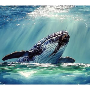 Humpback Whale Watercolor Print • Breeching Ocean Giant Wall Art for Coastal Bathroom, Beach Cottage Decor, Marine Life Nursery Poster