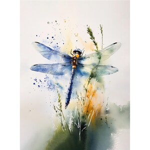 Stampa artistica ad acquerello di libellula blu • Moderna stampa giclée di insetti per decorazioni naturali, boho e cottagecore
