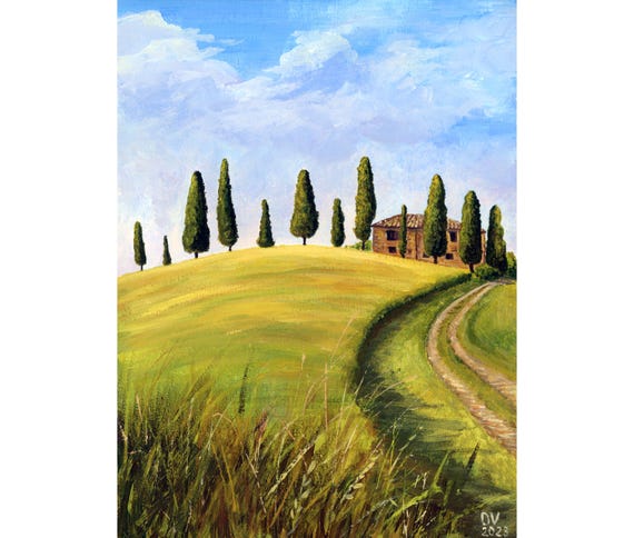 黄金色のトスカーナの丘陵と糸杉の並木 • イタリアの田舎の農家