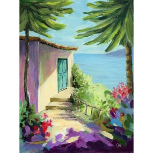 Pintura original de paisagem espanhola: arte de paisagem marítima de verão, arte costeira acrílica abstrata mediterrânea, presente de dia das mães, decoração de apartamento