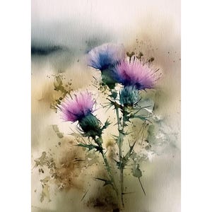 Scottish Thistle Botanical Art Print • Purple & Blue Wildflower Wall Decor • Modern Floral Nature Painting for Bedroom, Entryway or Office