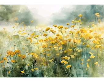 Yellow Tansy Wildflowers Watercolor Giclée Print – Botanical Wall Art for Living Room, Spring Summer Floral Meadow, Countryside Home Decor