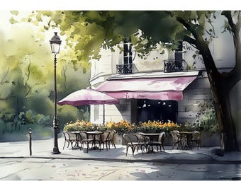 Paris Cafe Terrace Watercolor Art Print, French Bistro Scene
