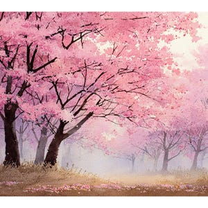 May include: Watercolor painting of a grove of cherry blossom trees in full bloom. The trees have dark brown trunks and branches, covered in pink blossoms. The ground is covered in brown grass and fallen pink petals.