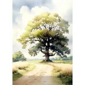 Aquarell Eiche Landschaft Kunstdruck Weizenfeld Sommer Landstraße Wand Kunst Poster Rustikale Bauernhaus Natur Dekor Limited Edition