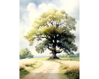 Impresión de paisaje de roble: campo de trigo en acuarela, arte mural de camino rural de verano, póster rústico de granja, decoración natural, edición limitada