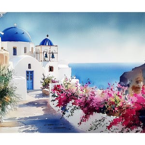 Stampa ad acquerello della cappella della cupola blu di Santorini - Paesaggio marino dell'Egeo, isola greca, arte murale costiera con bouganville, arredamento per la casa in stile mediterraneo