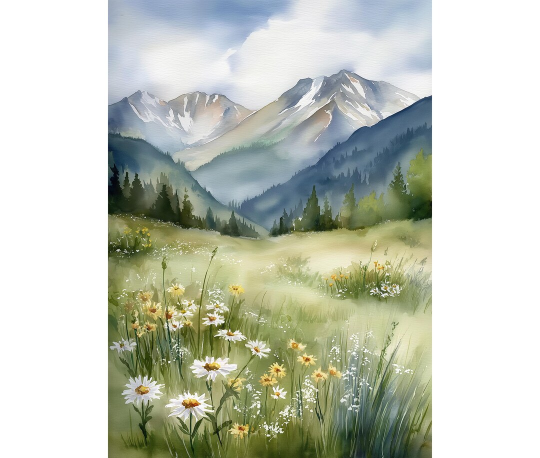 Alpine Wildflower Meadow Watercolor Print – Mountain Landscape Wall Art ...