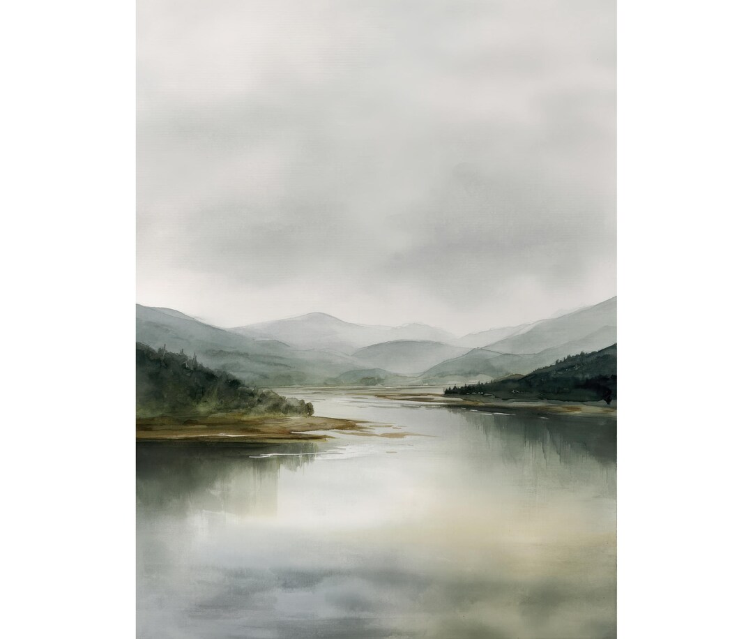 Serene Lake Watercolor Giclée Art Print – Misty Mountain Landscape Wall ...