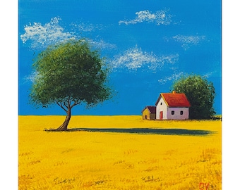 素朴な田舎の風景画 オリジナルアクリルアート 8x8 夏の自然風景