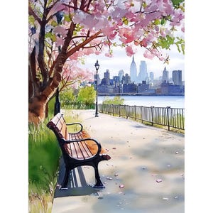 Impression giclée aquarelle Cherry Blossom NYC Skyline – Art mural paysage urbain printanier pour chambre à coucher, affiche paysage de Central Park