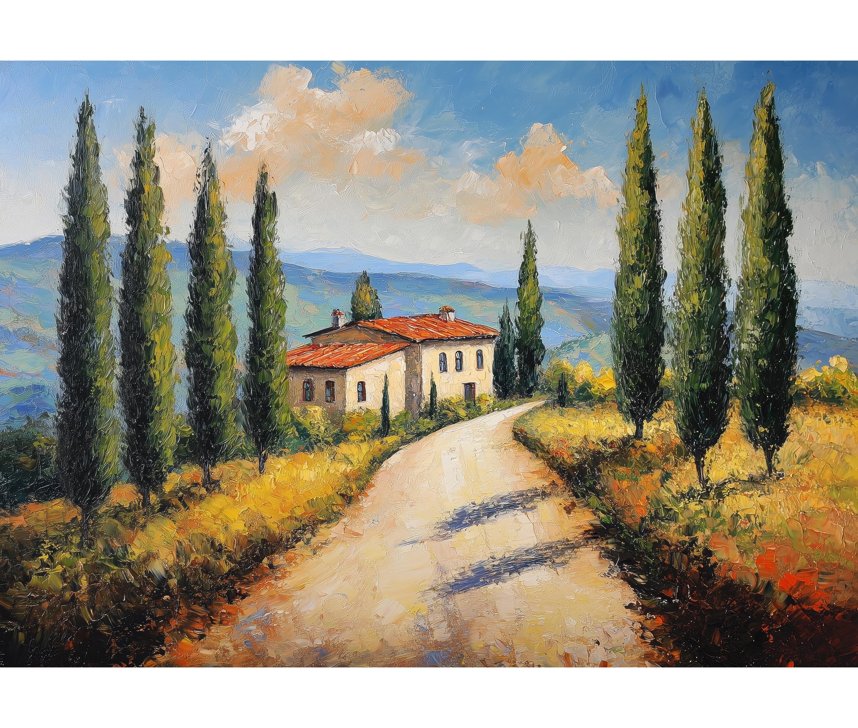 トスカーナの糸杉の道の油絵プリント、イタリアのヴィラ印象派の