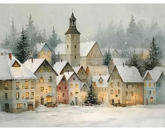 Impresión giclée en acuarela de un pueblo nevado: arte mural de paisaje navideño invernal para la sala de estar