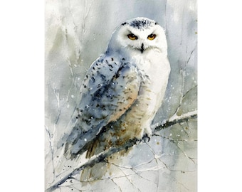 シロフクロウの絵画 冬の鳥 水彩画 アートプリント 野生動物 ウォール