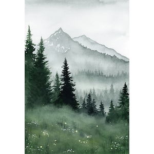 Pittura ad acquerello originale del paesaggio della foresta di pini • Opera d'arte minimalista con paesaggio di montagna nebbiosa • Arte originale di alberi sempreverdi