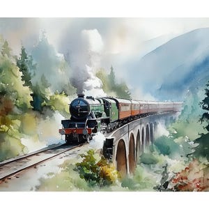 Stampa artistica ad acquerello del viadotto di Glenfinnan, treno a vapore, paesaggio ferroviario delle Highlands scozzesi, decorazione da parete ispirata a Harry Potter