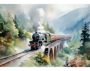 Glenfinnan Viaduct Watercolor Art Print, Steam Train, Scottish Highlands Railway Landscape Wall Art, Harry-Potter Inspired Travel Decor
