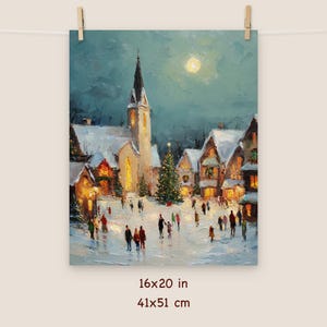 May include: An oil painting of a snowy village scene at night, with a church, houses, and a Christmas tree. The painting is 16x20 inches (41x51 cm). The sky is a deep blue with a full moon, and the buildings are lit with warm light.
