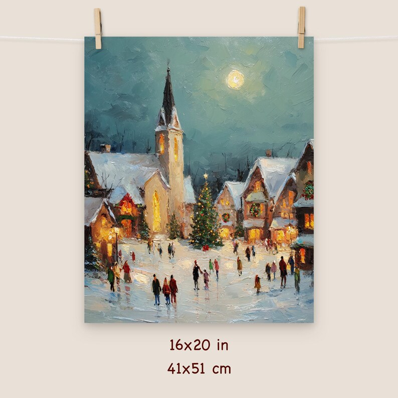 May include: An oil painting of a snowy village scene at night, with a church, houses, and a Christmas tree. The painting is 16x20 inches (41x51 cm). The sky is a deep blue with a full moon, and the buildings are lit with warm light.