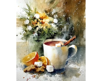 Impresión giclée de acuarela de chocolate caliente: Arte de pared acogedor para la cocina en invierno, el comedor y la decoración navideña.