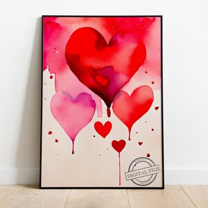 Arte de pared original del Día de San Valentín • Pintura de corazones rojos en acuarela imprimible • Tarjeta de felicitación digital • Descarga instantánea • Decoración navideña