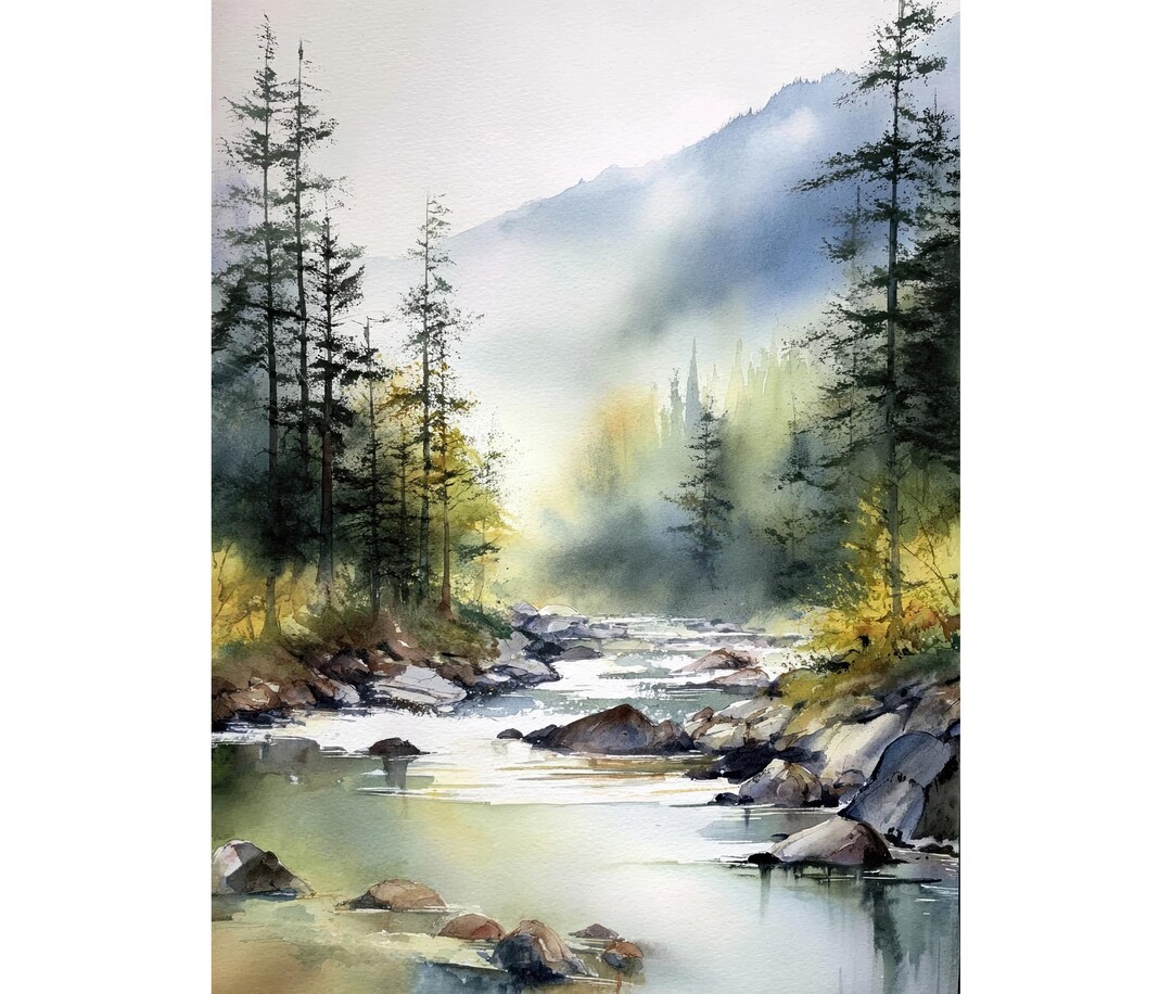 Forest River Watercolor Giclée Print – Mountain Landscape Wall Art ...