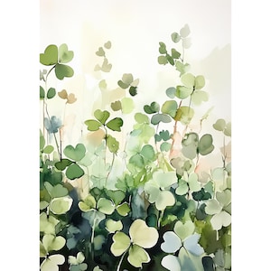 Grüne Kleewiese, Aquarell Druck, Kleeblatt, Minimalistische botanische Wandkunst für modernes & Cottage-Dekor, irisches Geschenk