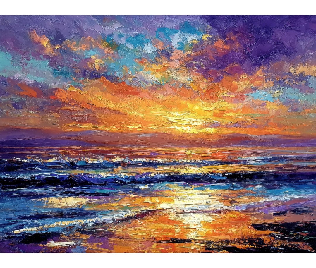 Sunset Ocean Oil Painting Giclée Print – Colorful Seascape Wall Art for ...