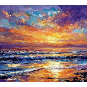 Puede incluir: Una pintura al óleo representa una vibrante puesta de sol sobre el océano. El cielo está lleno de nubes arremolinadas de color naranja, amarillo, morado y azul. Las olas del océano reflejan los cálidos colores del atardecer, creando un paisaje marino dramático y colorido.