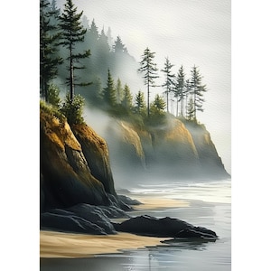 Pacific Northwest Misty Coastal Pines Watercolor Print, Evergreen Cliff Beach Landscape Wall Art Decor, Moody Seascape Nature Poster