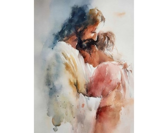 Jesus Embracing Woman Watercolor Giclée Print – Christian Comfort Wall Art, Spiritual Healing Decor for Bedroom or Prayer Space