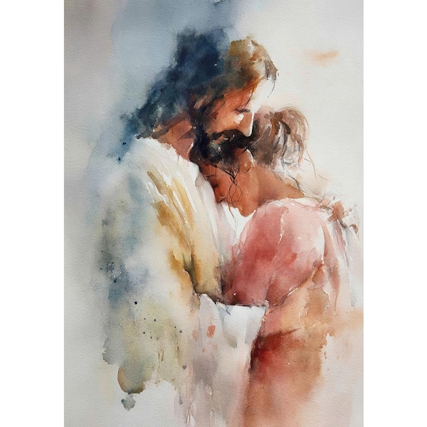 Jesus Embracing Woman Watercolor Giclée Print – Christian Comfort Wall Art, Spiritual Healing Decor for Bedroom or Prayer Space