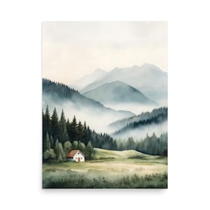Aquarell Misty Mountain Cottage Druck • Neutrale nordische Wand Kunst Poster • Kiefernwald Landschaft